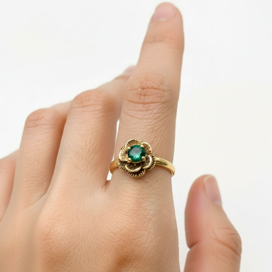 Emerald ring in 18k gold vermeil featuring a round created green emerald, perfect for May birthdays and special occasions.