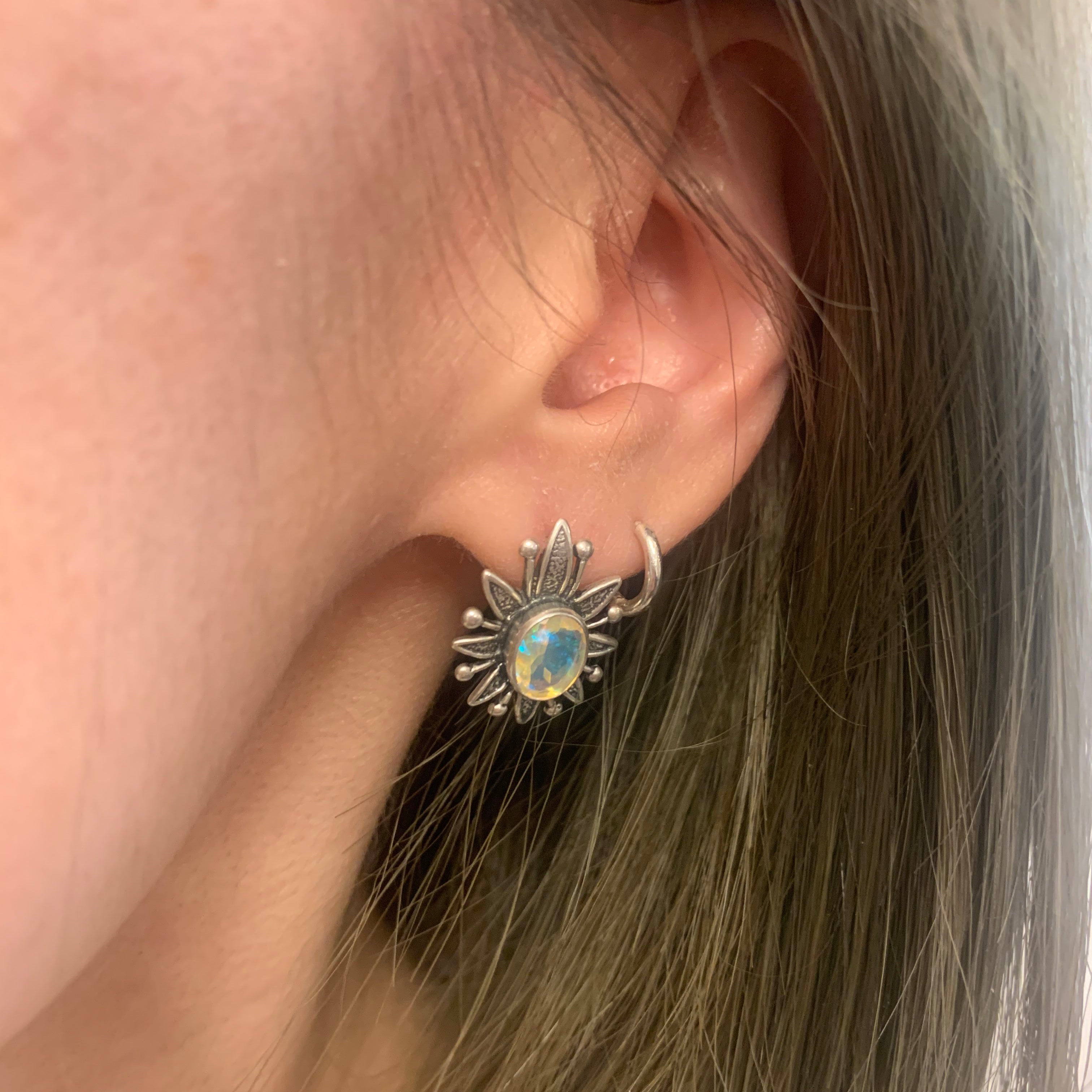 Opal Earrings, Natural Opal, Lotus Earrings, Flower Earrings, October Birthstone, Vintage Earrings, Artistic Earrings, 925 Silver Earrings