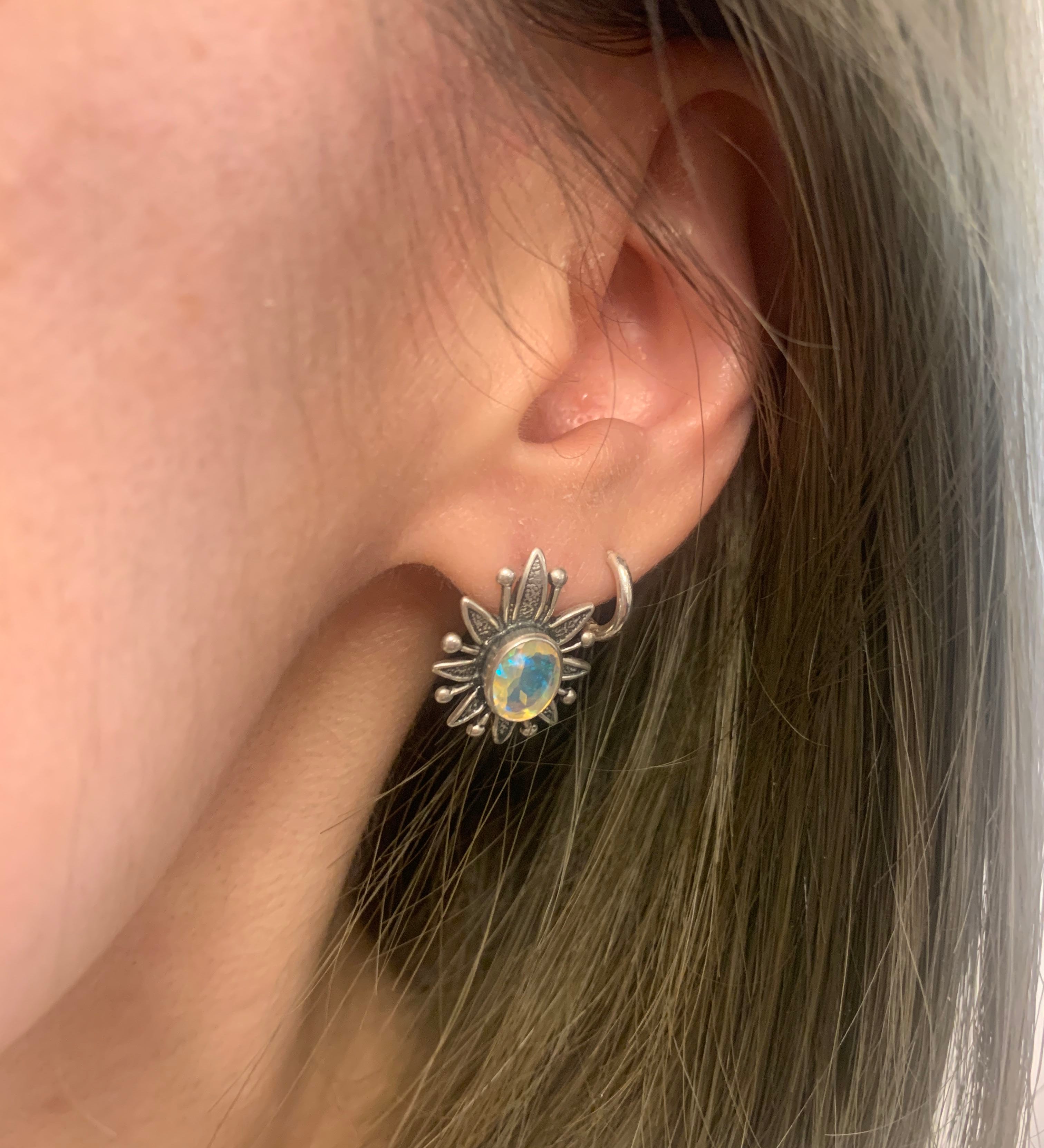 Opal Earrings, Natural Opal, Lotus Earrings, Flower Earrings, October Birthstone, Vintage Earrings, Artistic Earrings, 925 Silver Earrings