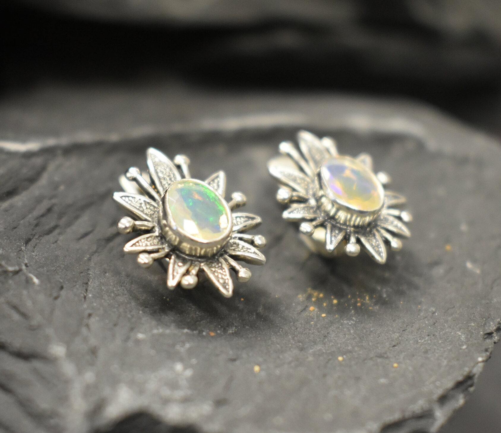 Opal Earrings, Natural Opal, Lotus Earrings, Flower Earrings, October Birthstone, Vintage Earrings, Artistic Earrings, 925 Silver Earrings