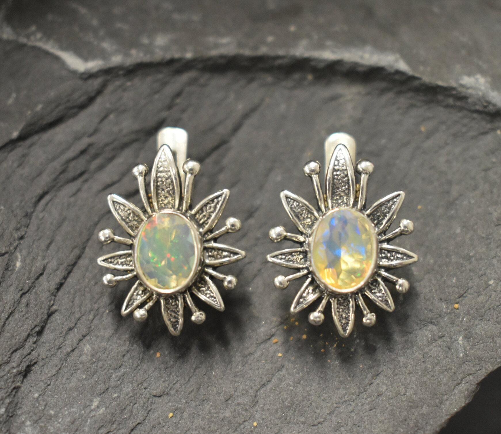 Opal Earrings, Natural Opal, Lotus Earrings, Flower Earrings, October Birthstone, Vintage Earrings, Artistic Earrings, 925 Silver Earrings