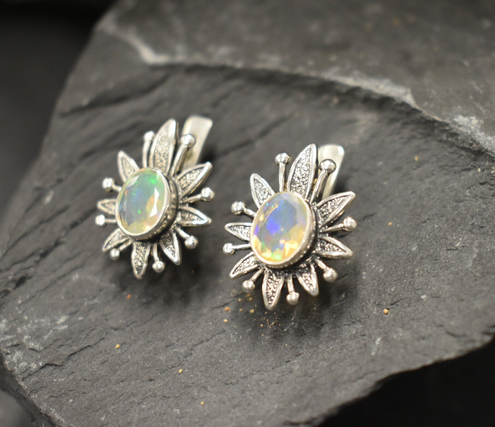 Opal Earrings, Natural Opal, Lotus Earrings, Flower Earrings, October Birthstone, Vintage Earrings, Artistic Earrings, 925 Silver Earrings