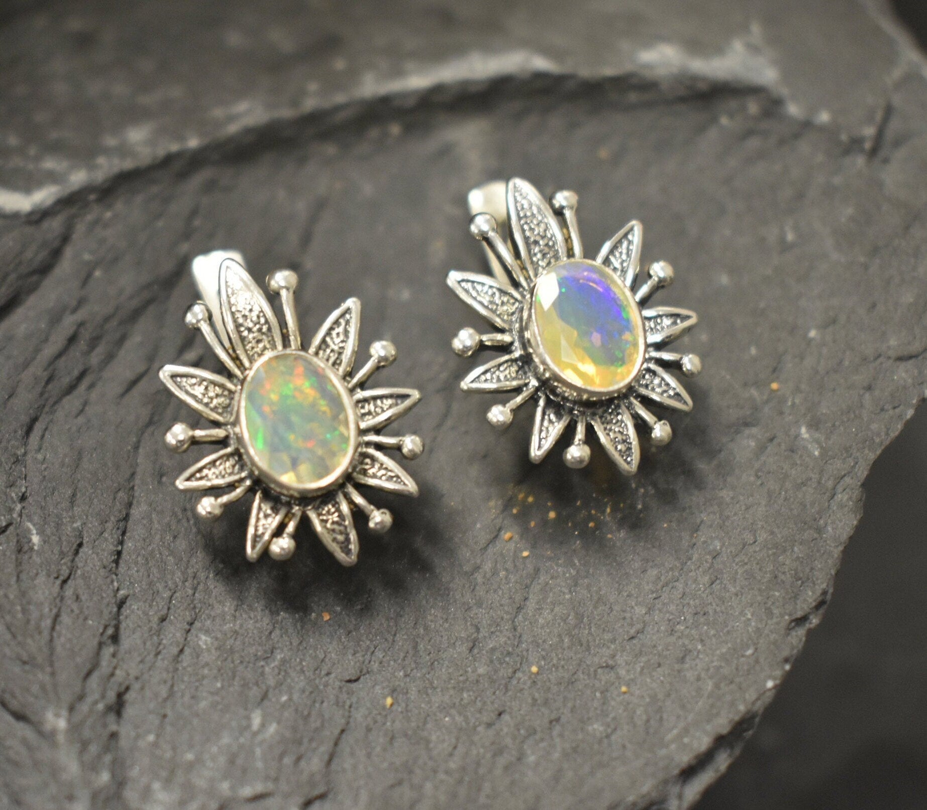 Opal Earrings, Natural Opal, Lotus Earrings, Flower Earrings, October Birthstone, Vintage Earrings, Artistic Earrings, 925 Silver Earrings