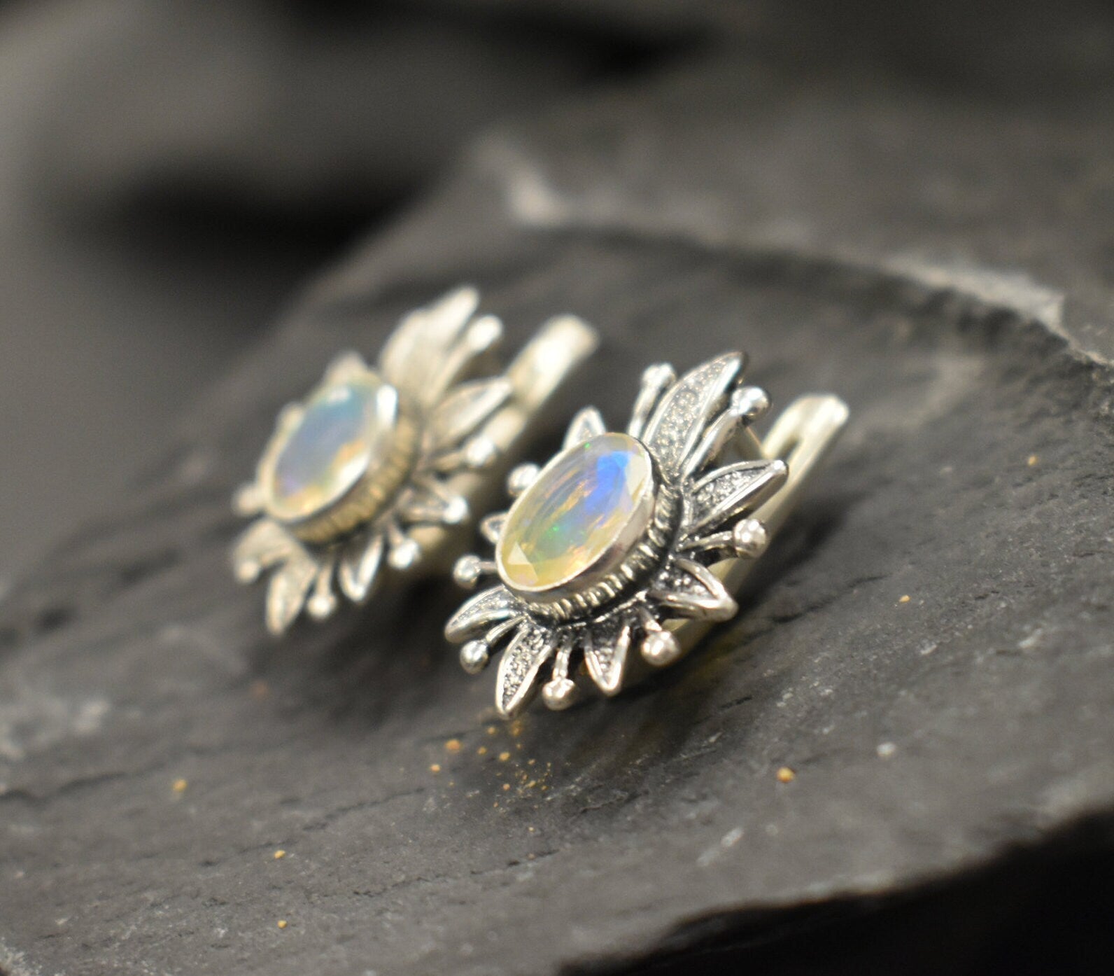 Opal Earrings, Natural Opal, Lotus Earrings, Flower Earrings, October Birthstone, Vintage Earrings, Artistic Earrings, 925 Silver Earrings