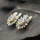 Opal Earrings, Natural Opal, Lotus Earrings, Flower Earrings, October Birthstone, Vintage Earrings, Artistic Earrings, 925 Silver Earrings