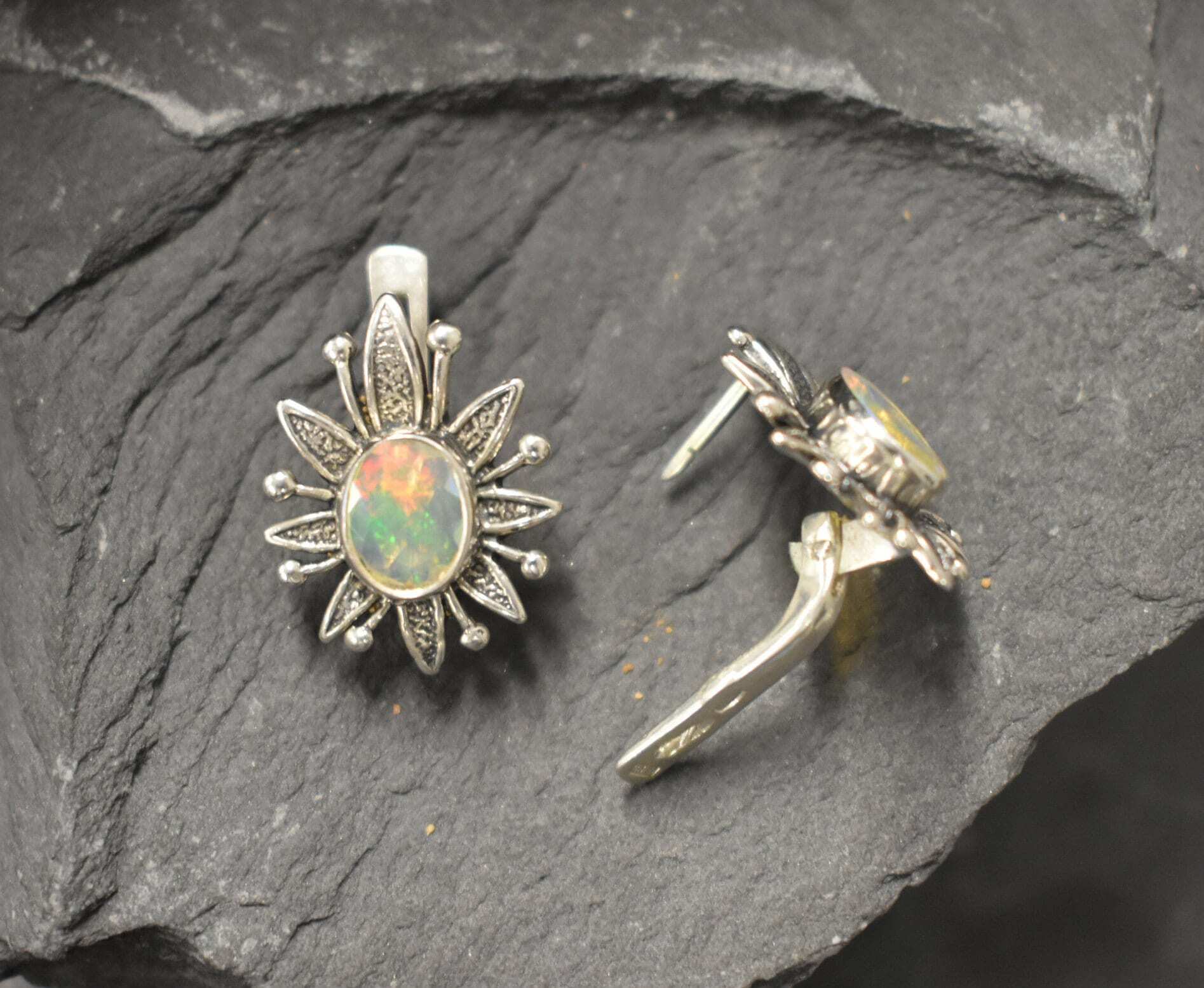 Opal Earrings, Natural Opal, Lotus Earrings, Flower Earrings, October Birthstone, Vintage Earrings, Artistic Earrings, 925 Silver Earrings