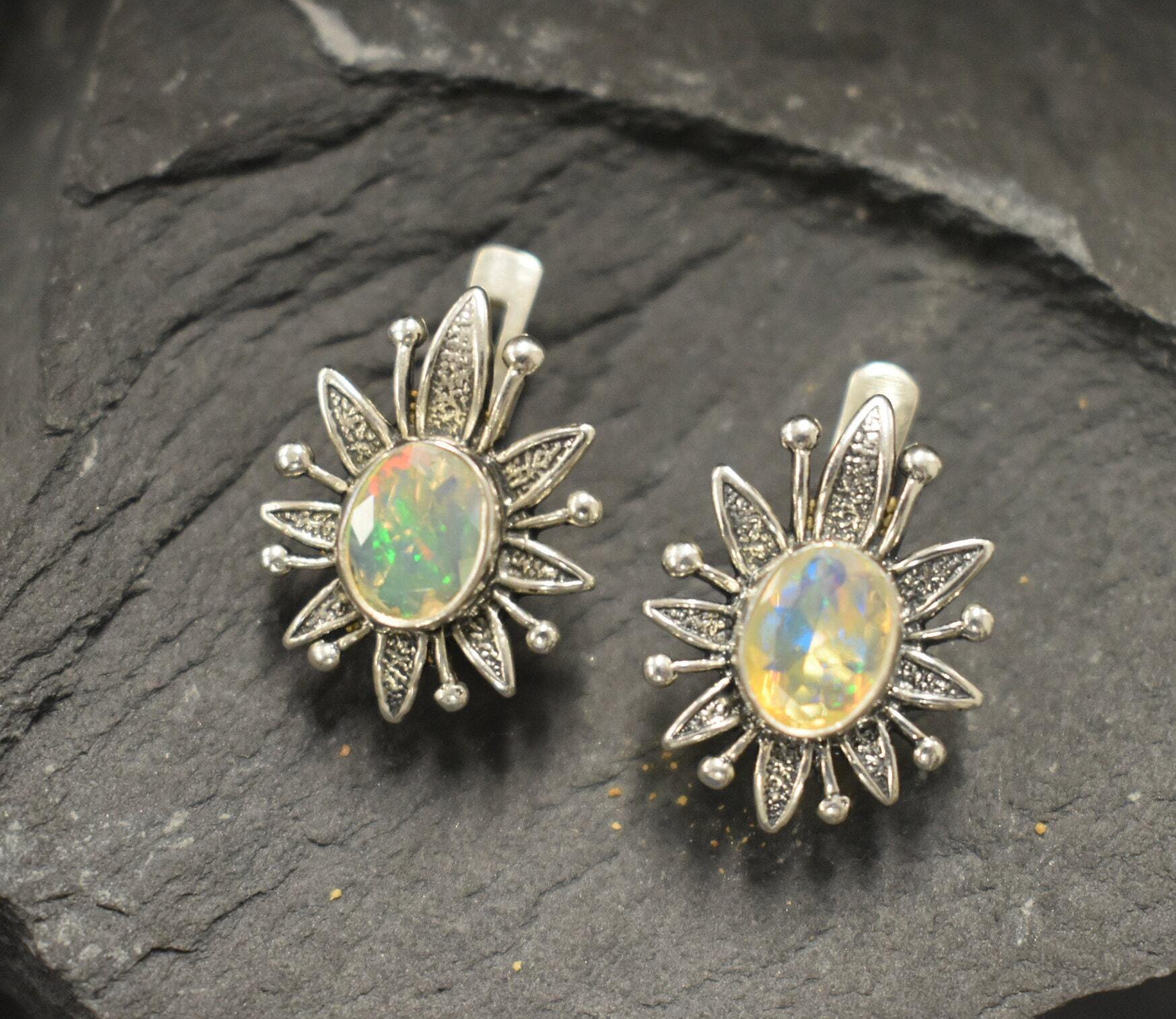 Opal Earrings, Natural Opal, Lotus Earrings, Flower Earrings, October Birthstone, Vintage Earrings, Artistic Earrings, 925 Silver Earrings