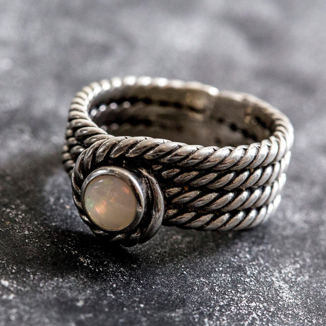 Artistic Opal Ring, Natural Opal, Silver Rope Ring, Vintage Opal Ring, Australian Opal, October Birthstone, Precious Opal Ring, Fire Opal