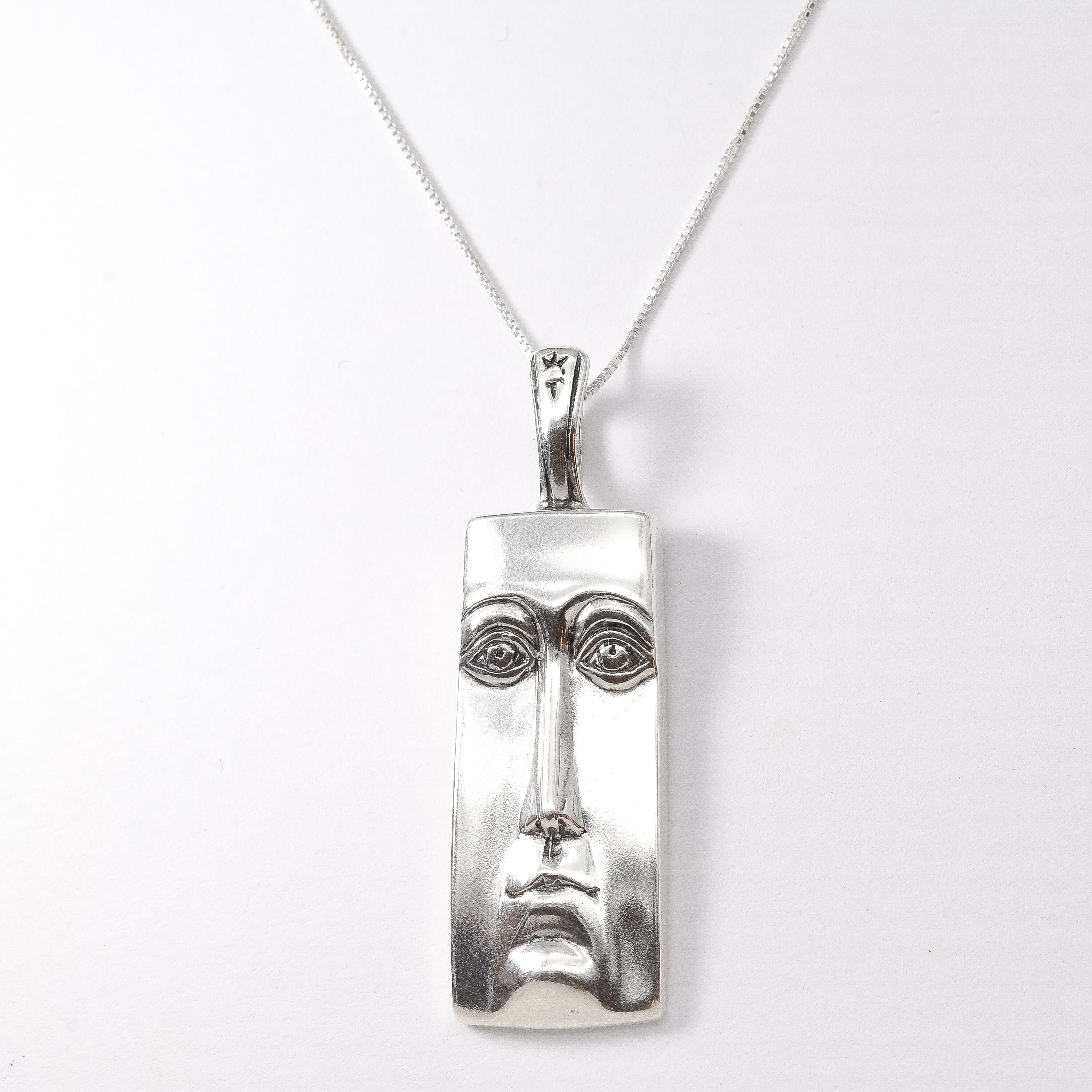 Silver Face Pendant - Long Vintage Necklace - Rectangle Face Necklace made in 925 Sterling Silver. Ideal for everyday wear and perfect for birthday gifting and special occasions.
