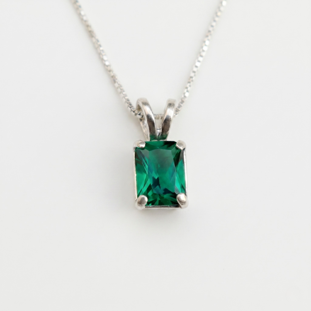 Created Emerald Pendant made in 925 Sterling Silver with Emerald Created Green Emerald in Prong setting, May Birthstone gift idea, symbolizes, ideal for everyday wear and perfect for birthday gifting and special occasions.