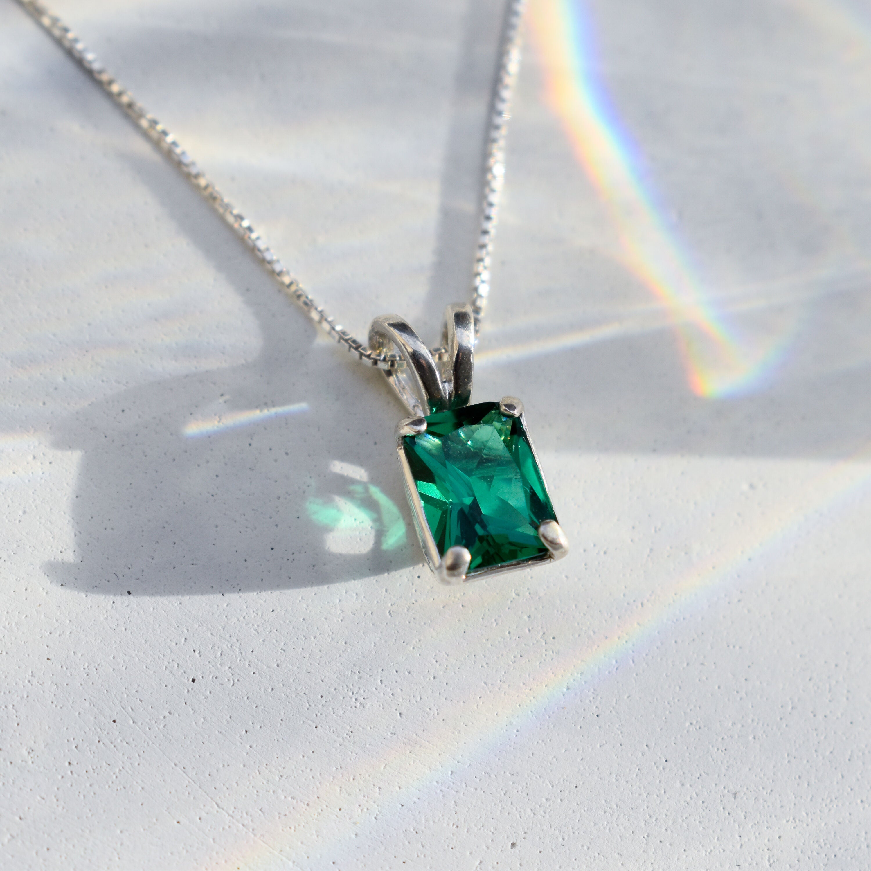 Emerald Cut Pendant, Created Emerald, Dainty Emerald Pendant, Baguette Cut Pendant, Minimalist Pendant, Created Emerald Pendant, 925 Silver