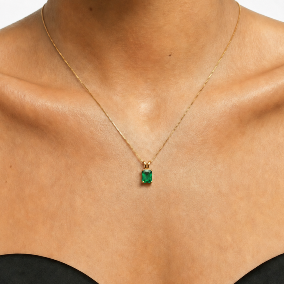 Emerald pendant in 18k gold vermeil, prong set with created emerald, a May birthstone, perfect for everyday and special occasions.