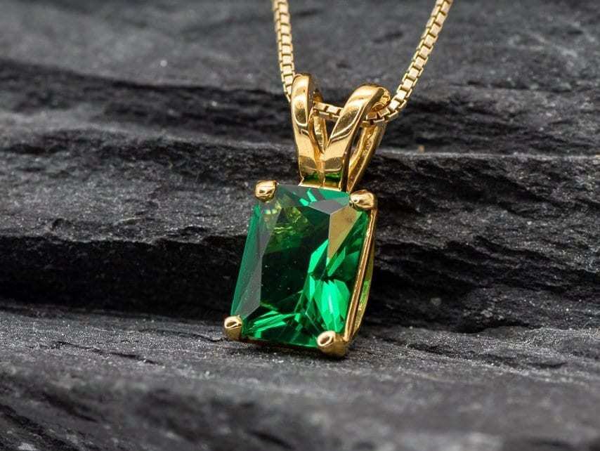 Created Emerald Pendant made in 18k Gold Vermeil with Emerald Created Green Emerald in Prong setting, May Birthstone gift idea, symbolizes, ideal for everyday wear and perfect for birthday gifting and special occasions.