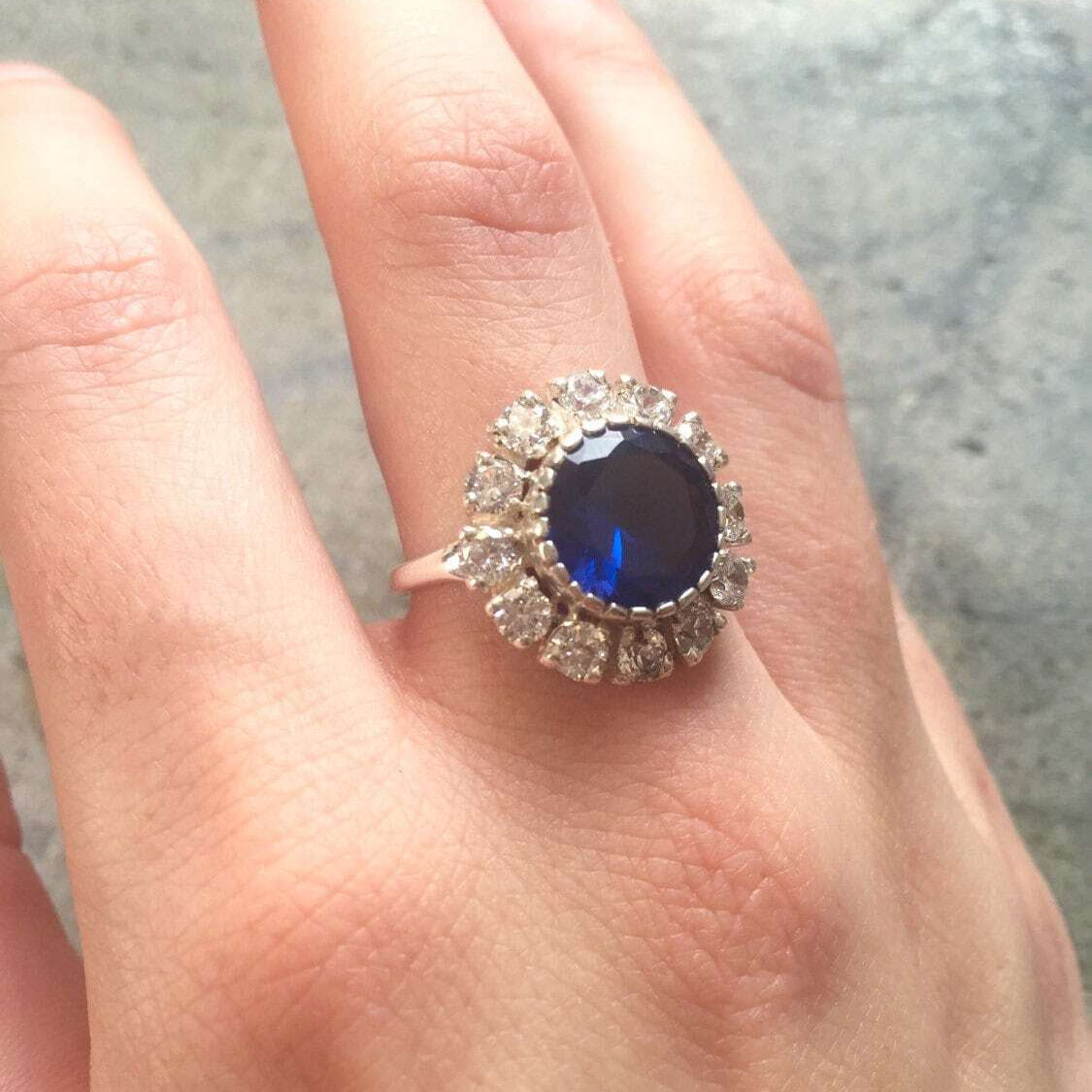 Sapphire Halo Ring in 925 Sterling Silver, September Birthstone, signifies sincerity and faithfulness, ideal for gifting.