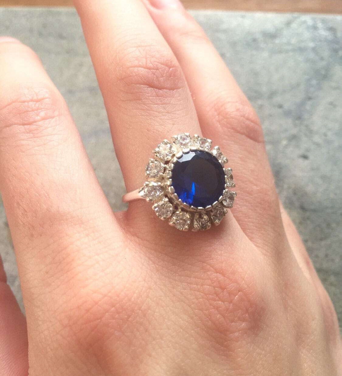 Sapphire Halo Ring in 925 Sterling Silver, September Birthstone, signifies sincerity and faithfulness, ideal for gifting.