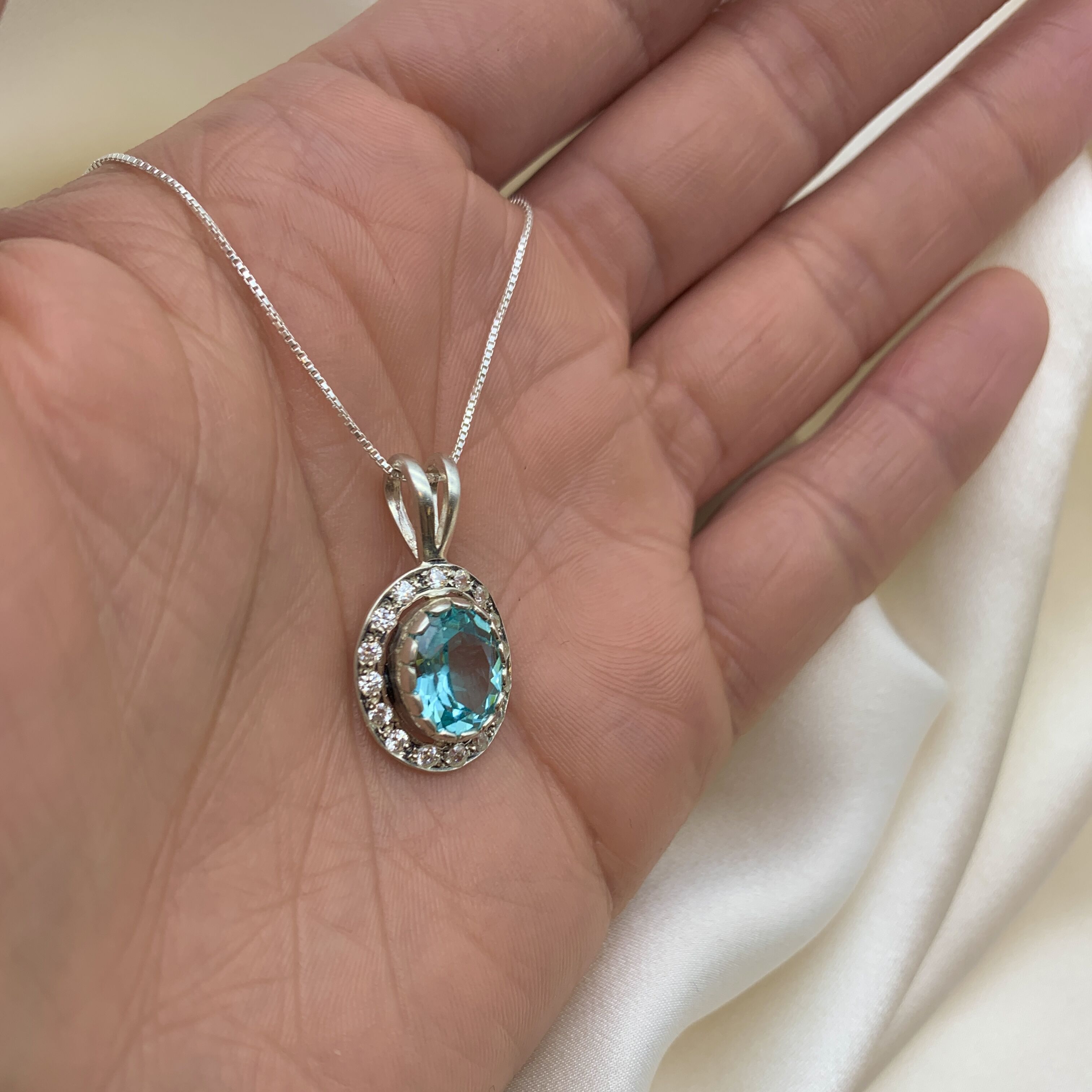 Blue Aquamarine Pendant, Blue Diamond Pendant, Created Aquamarine Pendant, Antique Necklace, Vintage Pendant, Victorian Pendant, 925 Silver