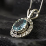 Aquamarine Victorian Necklace - Blue Gemstone Pendant - Aquamarine Halo Necklace