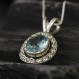 Aquamarine Victorian Necklace - Blue Gemstone Pendant - Aquamarine Halo Necklace