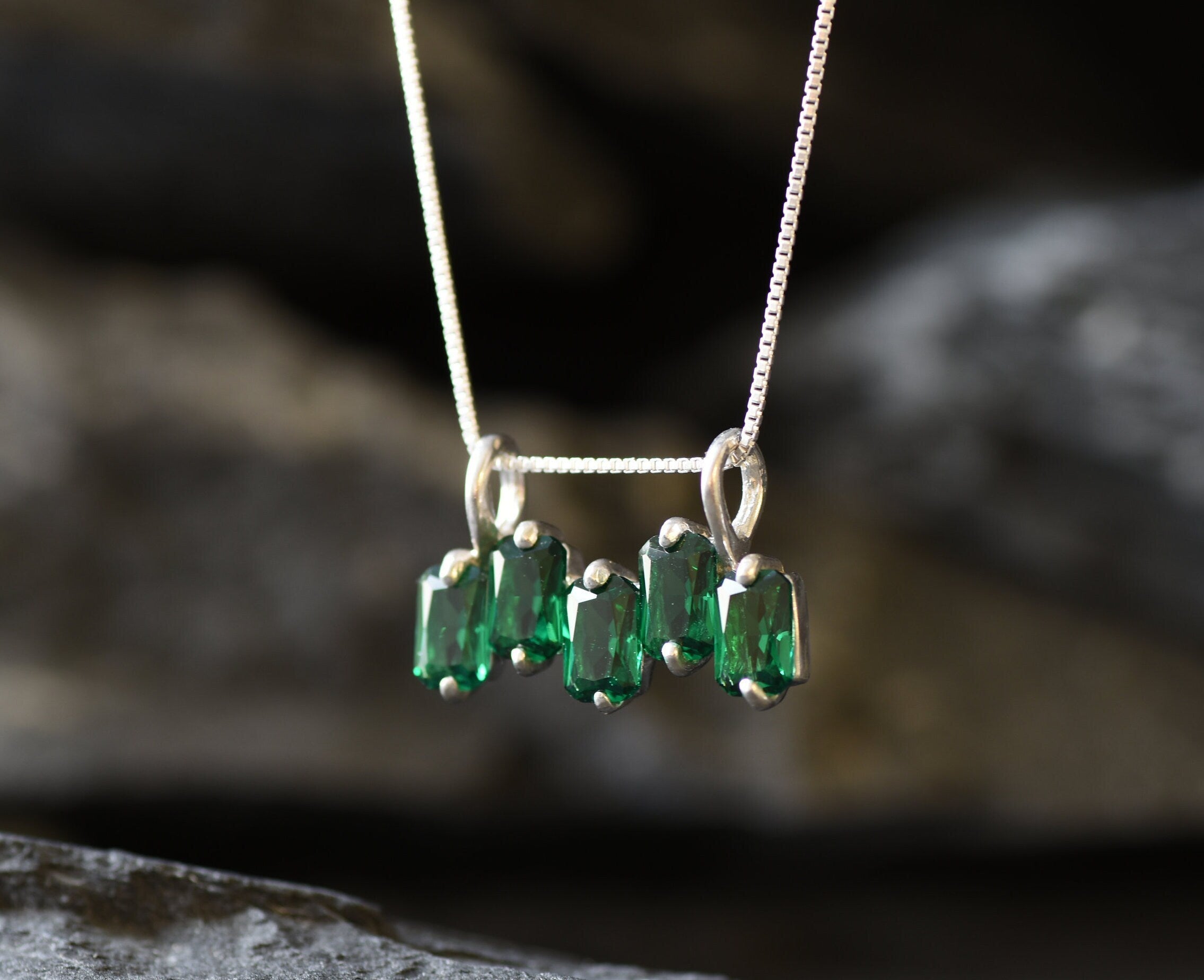 Emerald Pendant, Created Emerald, Emerald Cut Pendant, Green Baguette Pendant, Asymmetric Pendant, Minimalist Pendant, 925 Silver Pendant