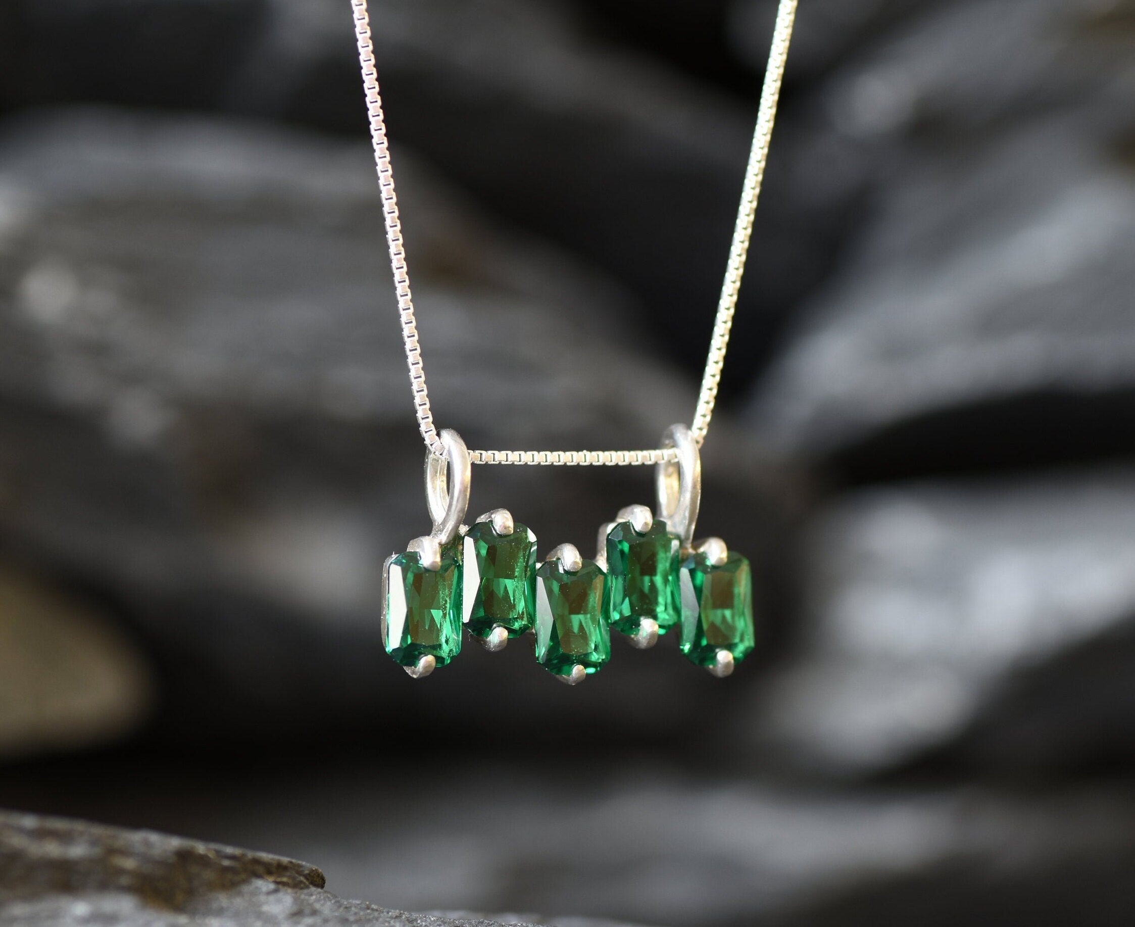 Emerald Pendant, Created Emerald, Emerald Cut Pendant, Green Baguette Pendant, Asymmetric Pendant, Minimalist Pendant, 925 Silver Pendant