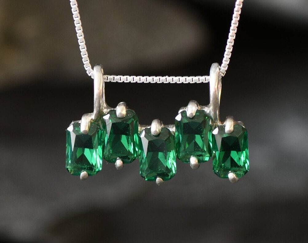 Emerald Pendant, Created Emerald, Emerald Cut Pendant, Green Baguette Pendant, Asymmetric Pendant, Minimalist Pendant, 925 Silver Pendant