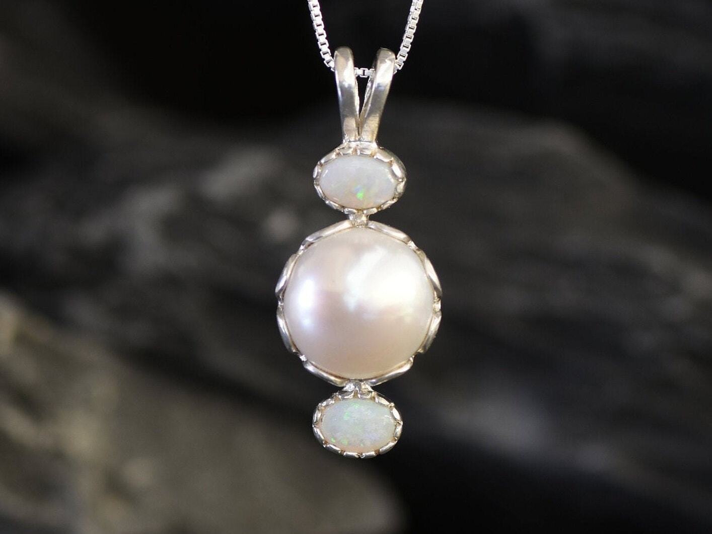 Drop Pearl Pendant, Natural Pearl, Bridal Pendant, Opal Necklace, June Birthstone, October Birthstone, Vertical Pendant, 925 Sterling Silver