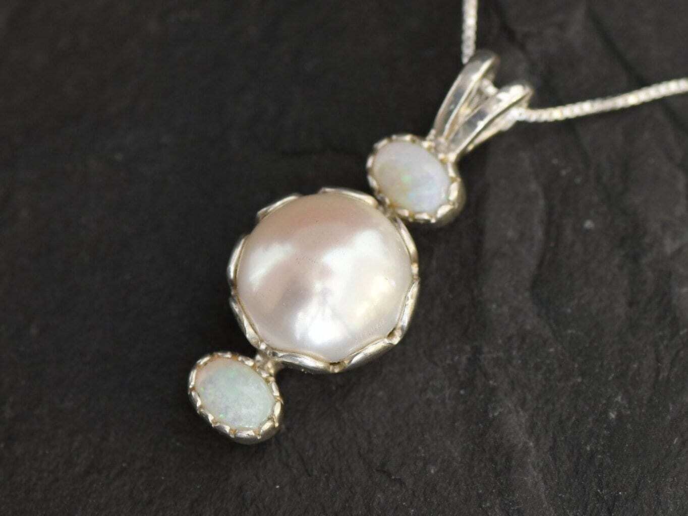 Drop Pearl Pendant, Natural Pearl, Bridal Pendant, Opal Necklace, June Birthstone, October Birthstone, Vertical Pendant, 925 Sterling Silver