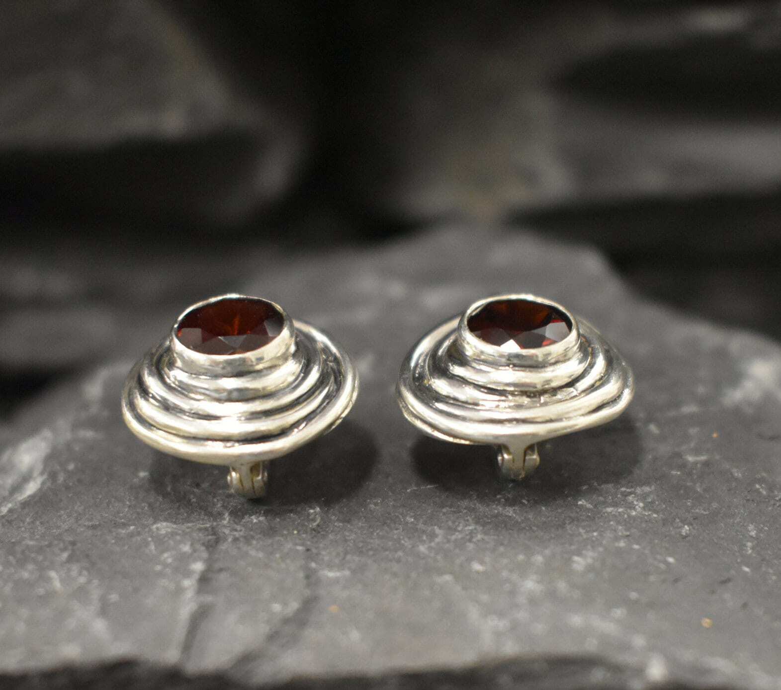 Garnet Earrings, Natural Garnet, January Birthstone, Swirl Earrings, Vintage Earrings, Red Garnet Studs, Spiral Studs, Solid Silver Earrings