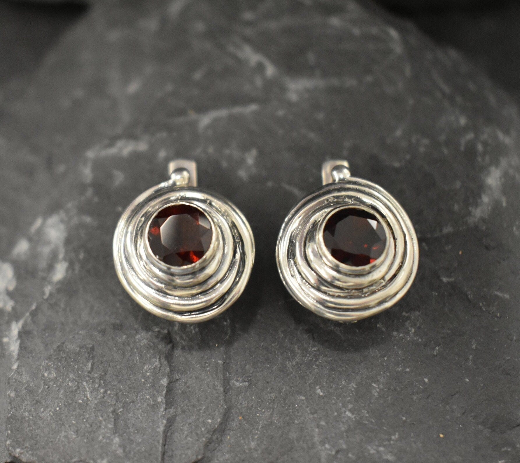 Garnet Earrings, Natural Garnet, January Birthstone, Swirl Earrings, Vintage Earrings, Red Garnet Studs, Spiral Studs, Solid Silver Earrings