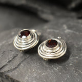 Garnet Earrings, Natural Garnet, January Birthstone, Swirl Earrings, Vintage Earrings, Red Garnet Studs, Spiral Studs, Solid Silver Earrings