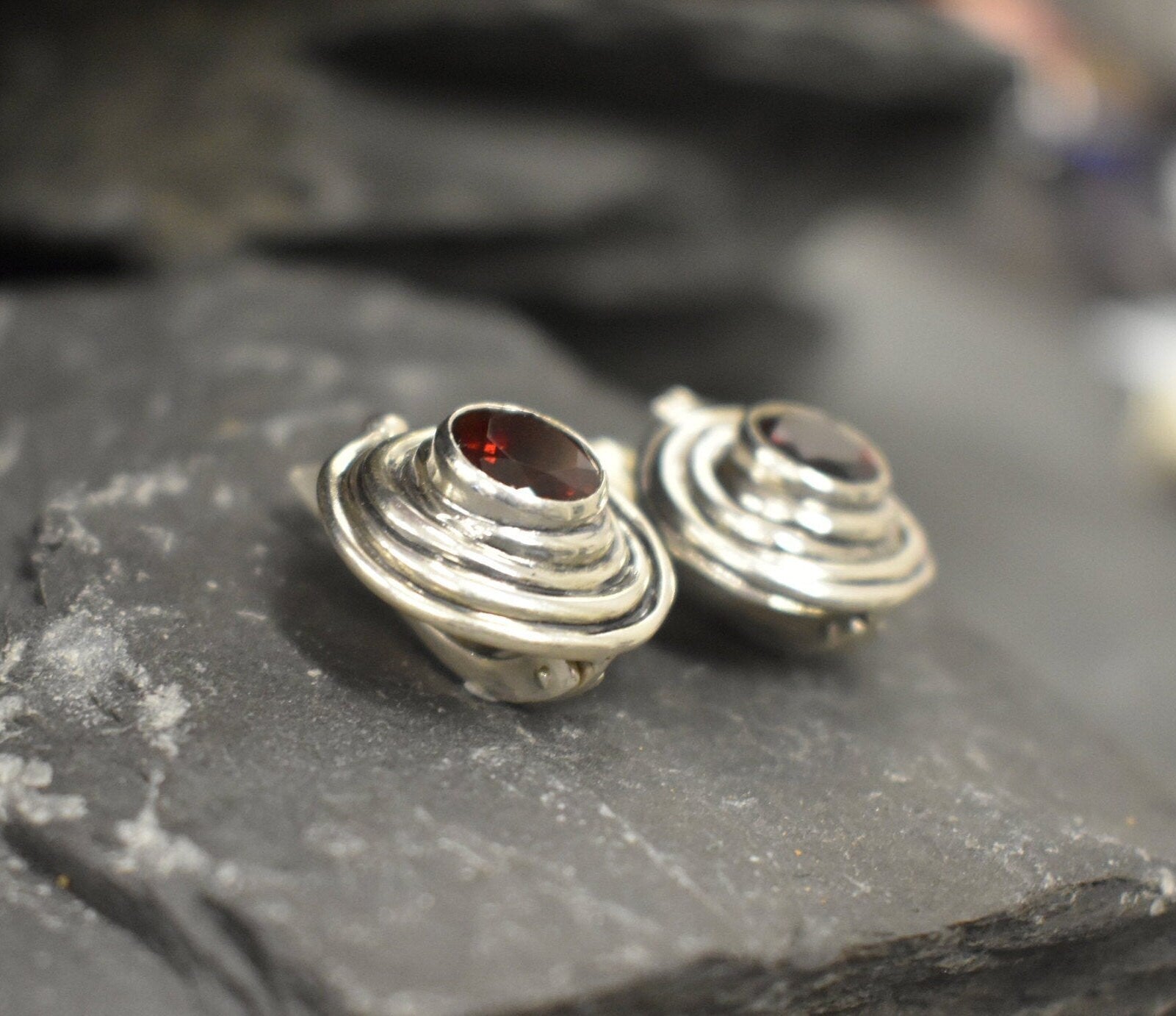 Garnet Earrings, Natural Garnet, January Birthstone, Swirl Earrings, Vintage Earrings, Red Garnet Studs, Spiral Studs, Solid Silver Earrings