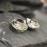 Garnet Earrings, Natural Garnet, January Birthstone, Swirl Earrings, Vintage Earrings, Red Garnet Studs, Spiral Studs, Solid Silver Earrings