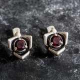 Garnet Flower Earrings - Dainty Rose Studs - Silver Garnet Earrings