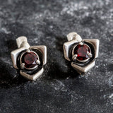 Garnet Flower Earrings - Dainty Rose Studs - Silver Garnet Earrings