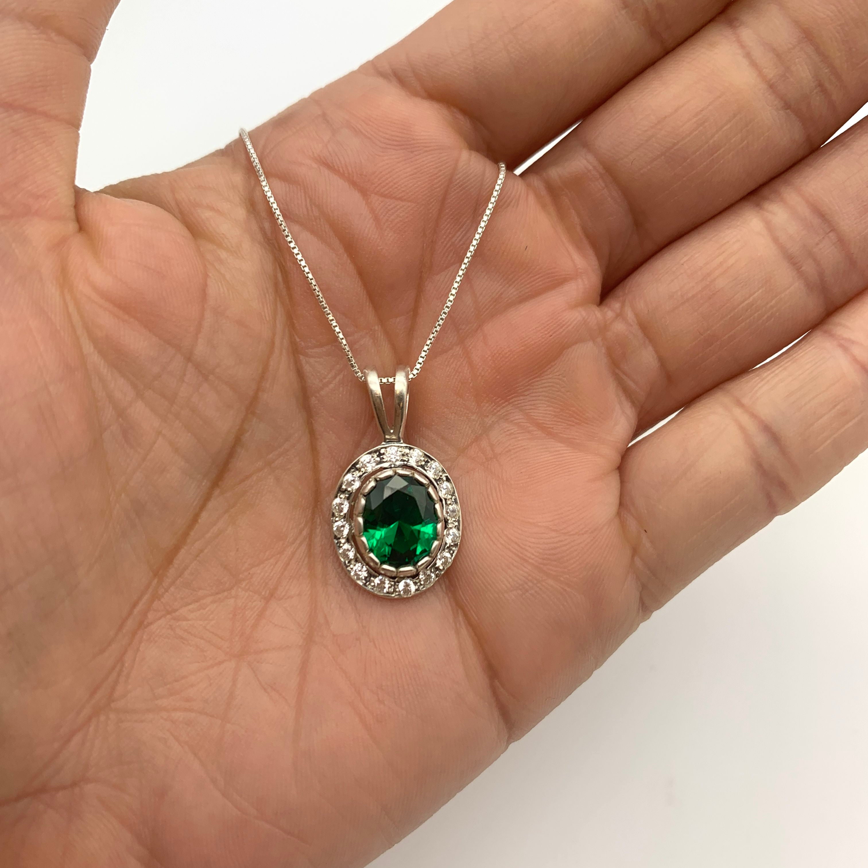 Elegant 925 Sterling Silver Emerald Pendant with Halo, showcasing a vibrant Created Green Emerald—perfect for birthdays and special occasions.