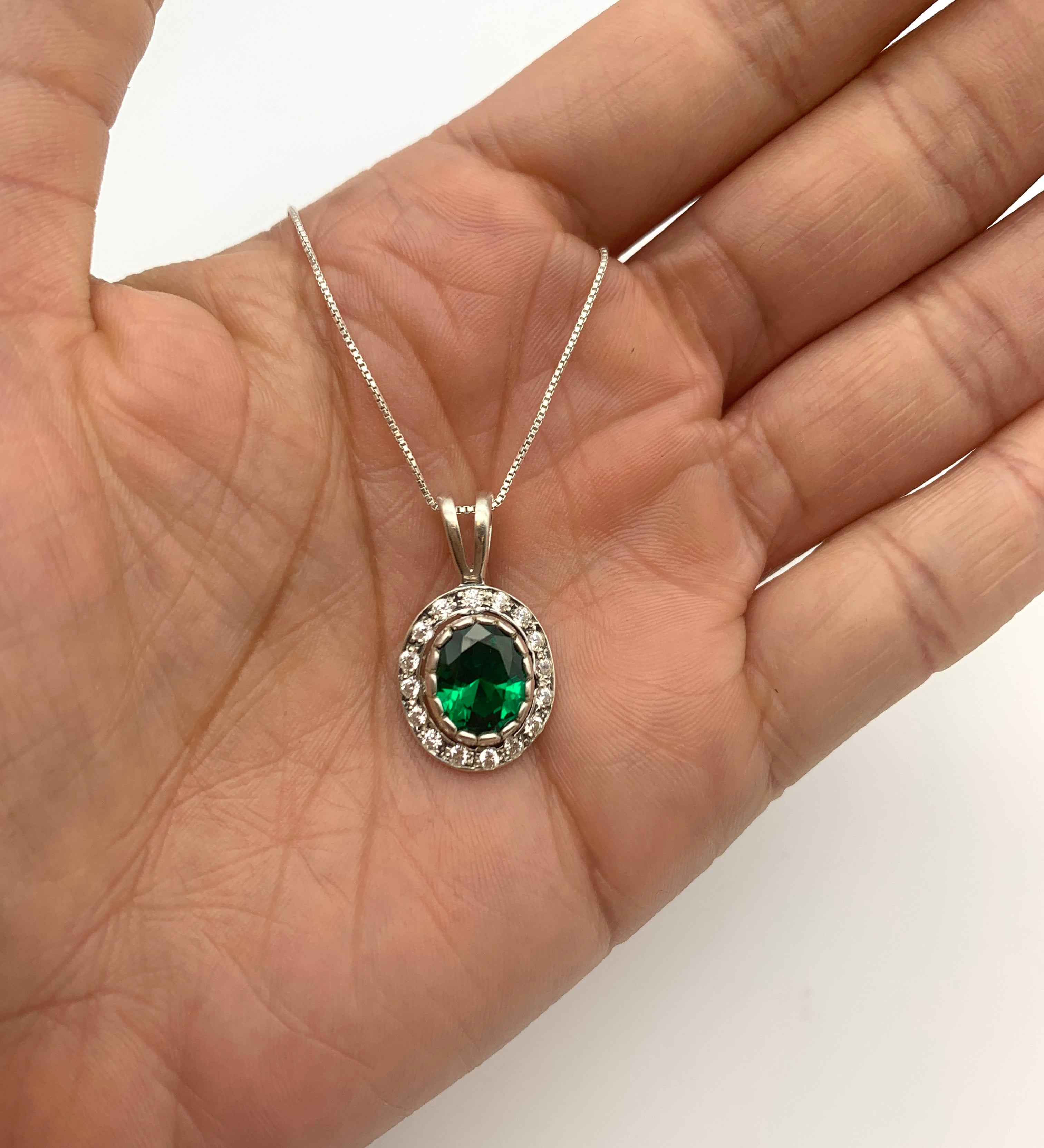 Elegant 925 Sterling Silver Emerald Pendant with Halo, showcasing a vibrant Created Green Emerald—perfect for birthdays and special occasions.