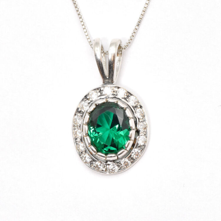 Created Emerald Pendant made in 925 Sterling Silver with Oval Created Green Emerald in Halo setting, May Birthstone gift idea, symbolizes, ideal for everyday wear and perfect for birthday gifting and special occasions.