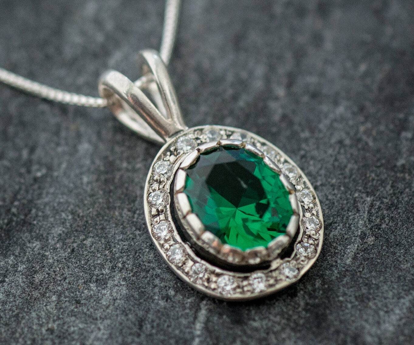 Green Emerald Necklace - Vintage Emerald Pendant - Silver Emerald Necklace