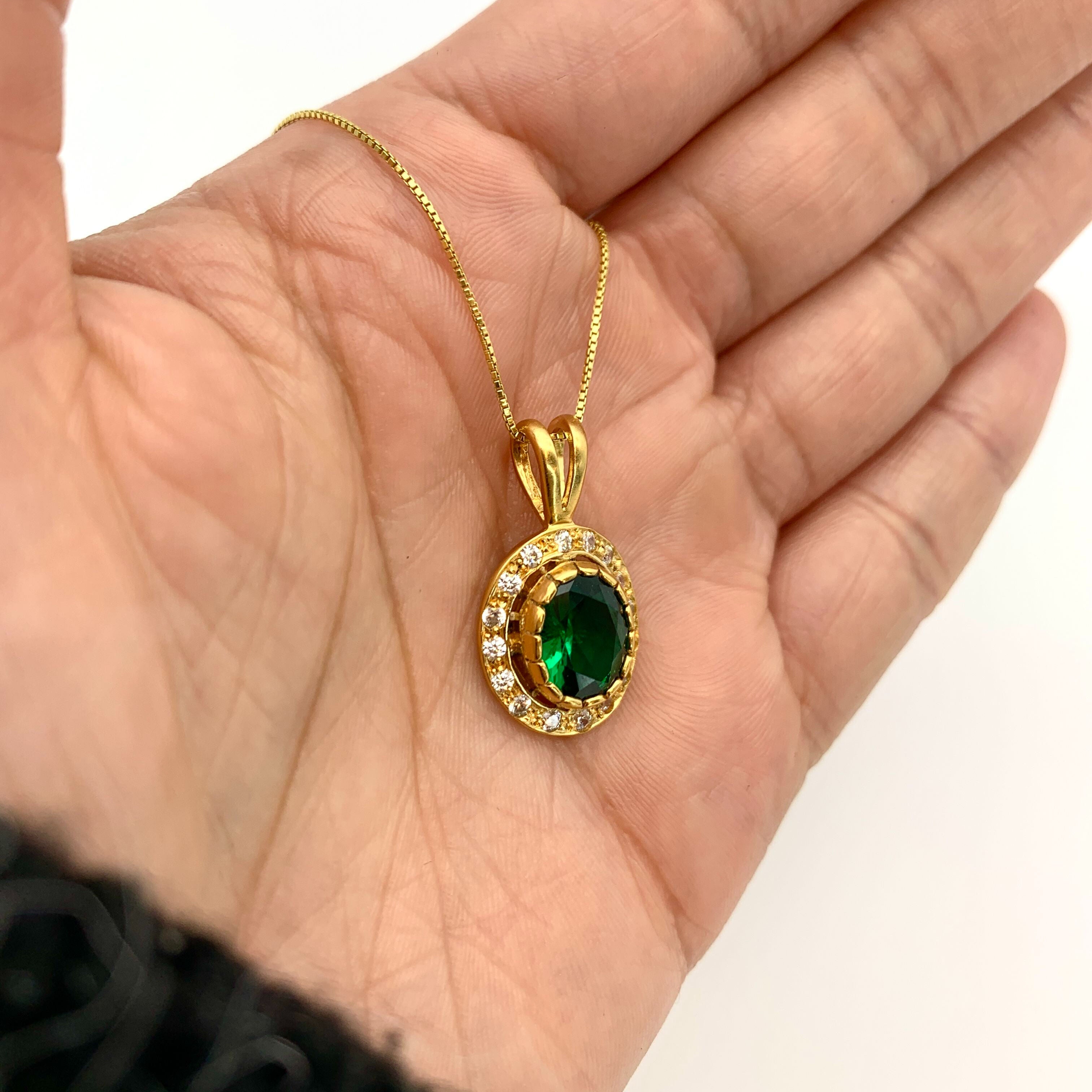 Elegant Emerald Pendant in 18k Gold Vermeil with Halo setting; perfect May Birthstone gift for special occasions.