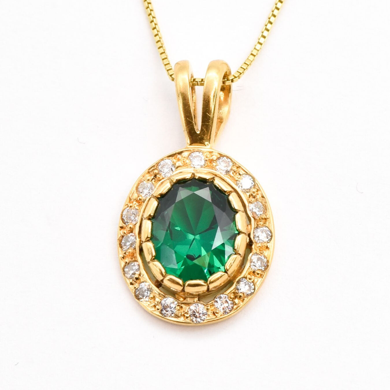 Created Emerald Pendant made in 18k Gold Vermeil with Oval Created Green Emerald in Halo setting, May Birthstone gift idea, symbolizes, ideal for everyday wear and perfect for birthday gifting and special occasions.