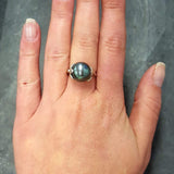 Black Pearl Ring - Natural Pearl Ring - Vintage Leaf Ring