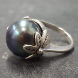 Black Pearl Ring - Natural Pearl Ring - Vintage Leaf Ring