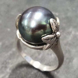 Black Pearl Ring - Natural Pearl Ring - Vintage Leaf Ring