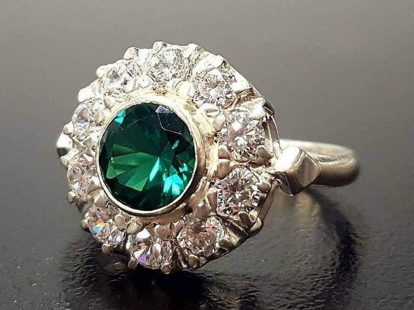 Created Emerald Ring made in 925 Sterling Silver with Round Created Green Emerald in Halo setting, May Birthstone gift idea, symbolizes, ideal for everyday wear and perfect for birthday gifting and special occasions.