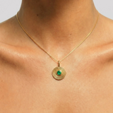 Gold Created Emerald Necklace - Gold Coin Pendant - Round Charm Pendant