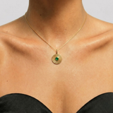 Gold Created Emerald Necklace - Gold Coin Pendant - Round Charm Pendant