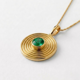 Gold Created Emerald Necklace - Gold Coin Pendant - Round Charm Pendant