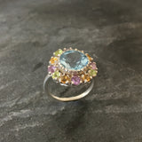 Colorful Flower Ring - Blue Topaz Victorian Ring - Statement Flower Ring