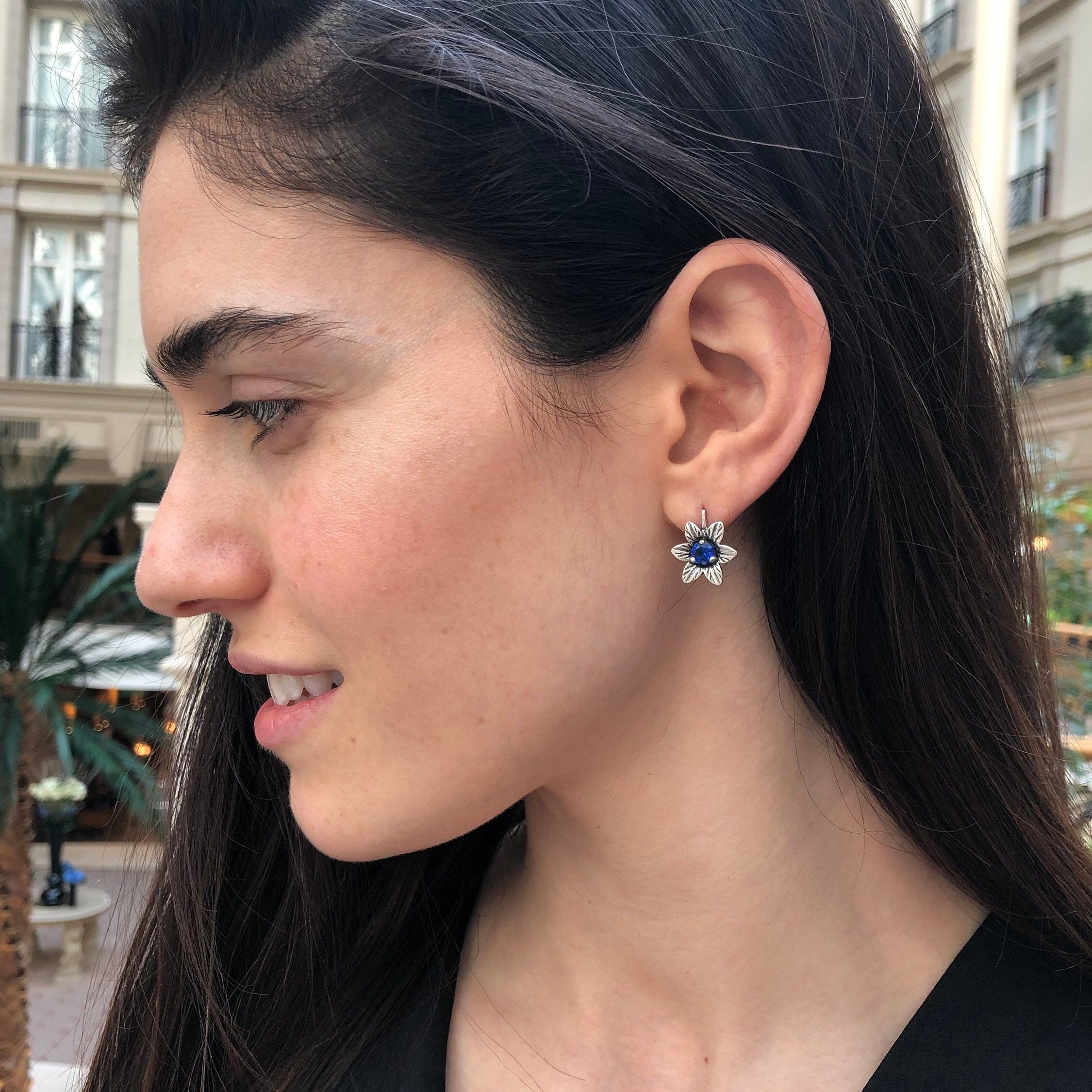 Elegant 925 Sterling Silver Sapphire Earrings with round created blue sapphire, perfect for birthdays and special occasions.