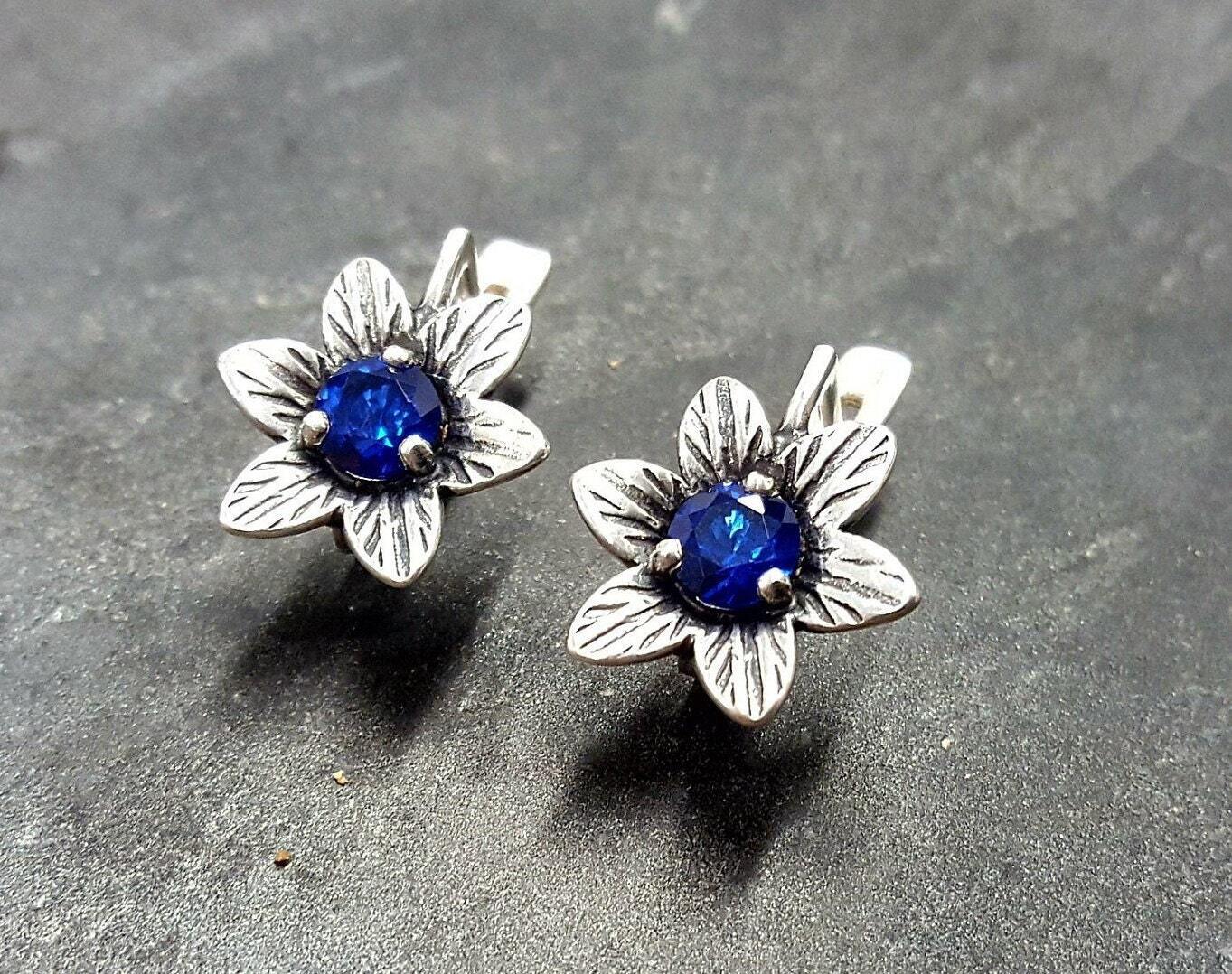 Created Sapphire Earrings made in 925 Sterling Silver with Round Created Blue Sapphire in Prong setting, September Birthstone gift idea, symbolizes sincerity, truth, and faithfulness, ideal for everyday wear and perfect for birthday gifting and special occasions.